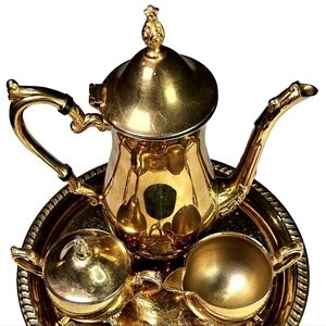 Sheridan Taunton Silversmiths tea set teapot sugar creamer 24K Gold Plated 5pc